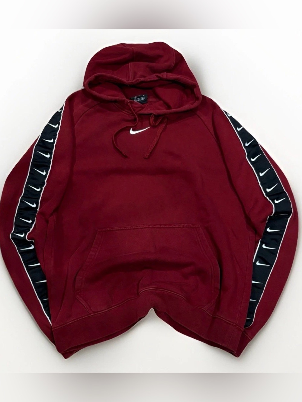 Vintage Nike Hoodie Burgundy Swoosh Tape Centre Logo Sweatshirt Men's Medium Y2K